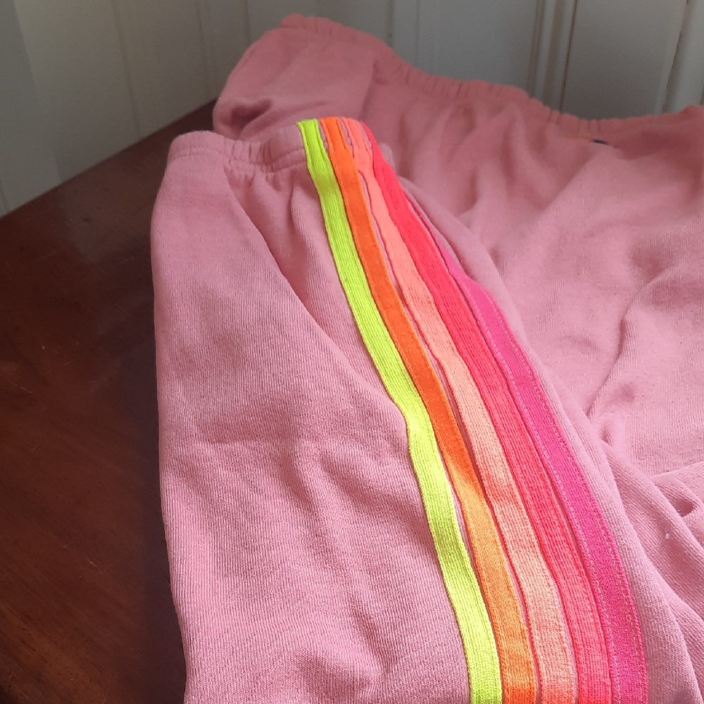 Aviator Nation Pink Track Pants with Neon Rainbow Stripes